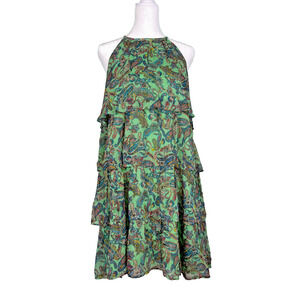NWOT Boden Tiered Halterneck Dress Green Paisley with Silver threads Size 2